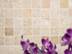 Des fleurs violettes en premier plan devant la mosaïque en travertin