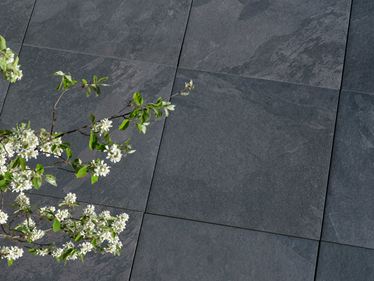 Dalles en grès cérame foncé Alpine Black avec une branche au premier plan