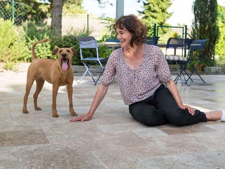 Une femme est assise avec son chien sur le dallage en travertin Noce posé sur sa terrasse