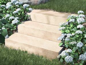 Blocs marches en pierre calcaire Camino Sand avec fleurs et buissons