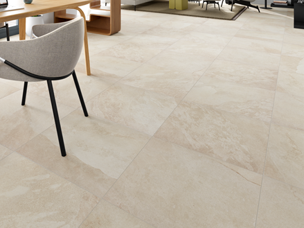 Carrelage effet ardoise Alpine Beige dans grand jardin d'hiver avec ameublement moderne