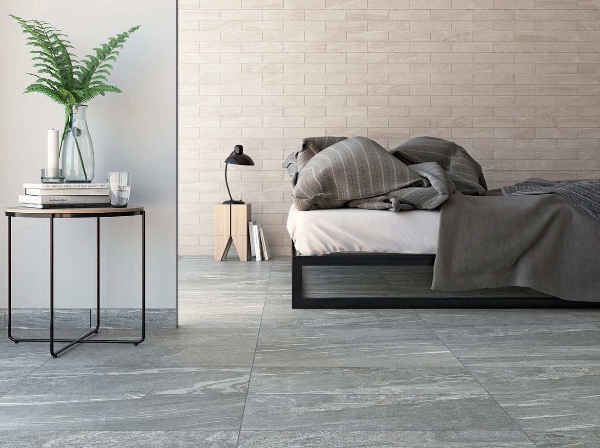 Une chambre moderne au carrelage effet granite Dolomit Silver Le choix du carrelage joue un rôle important dans le style d'une chambre. Ici, l'accent a été mis sur la modernité.
