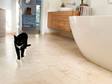 Chat dans salle de bain avec carrelage en travertin Classic Light au sol