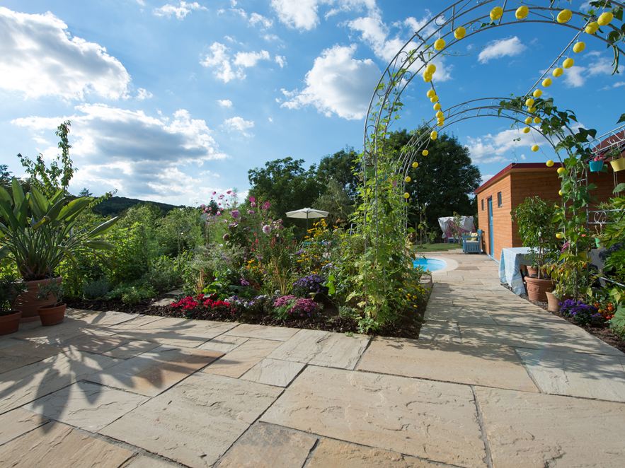 Grès Yellow Mint terrasse et jardin fleuri