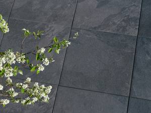 La facilité d’entretien d'Alpine Black est surprenante. Plaques en grès cérame cérame posées en anthracite avec rameau fleuri