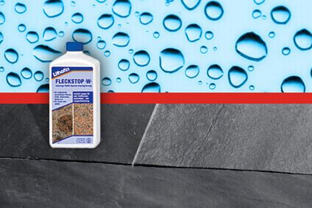 Eine Flasche Imprägnierung vor Schieferfliesen und einer Grafik mit Wassertropfen